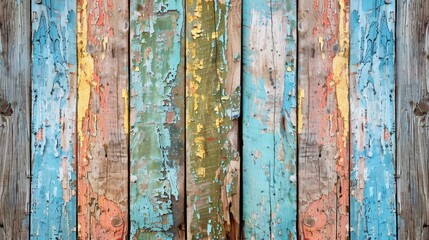 Wall Mural - Top view of a weathered wooden fence with peeling paint, creating a rustic, outdoor vibe