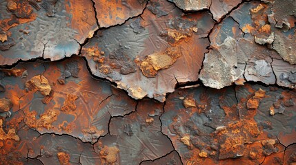 Wall Mural - Top view of an old, rusty iron sheet with deep cracks and flaking, ideal for a rugged, aged look