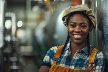 Wall Mural - Portrait of a young female assembly line worker in factory