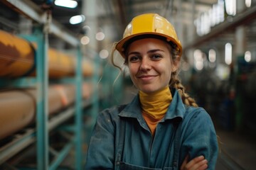 Wall Mural - Portrait of a young female assembly line worker in factory