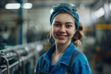 Wall Mural - Portrait of a young female assembly line worker in factory