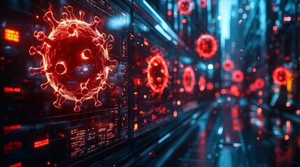 Poster - a holographic display depicts the spread of a virus across a futuristic city, illustrating infection