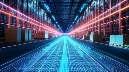 Poster - stock warehouse with electronic grids and bar code scanners