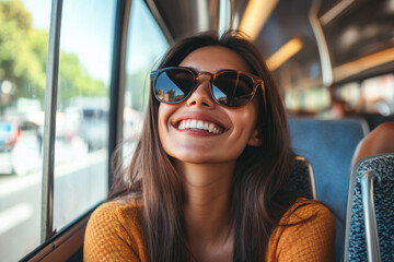 A cheerful European woman in sunglasses is smiling happily while sitting by the window on a bus.