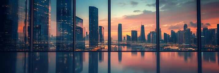 Wall Mural - A panoramic view of a city skyline at sunset, showcasing modern skyscrapers and reflections.