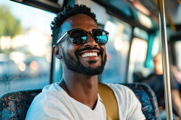 A cheerful Afro-American man in sunglasses is smiling happily while sitting by the window on a bus.