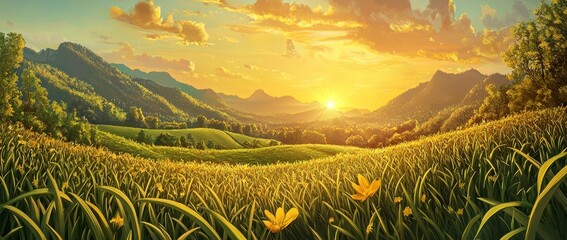 Canvas Print - A beautiful summer pastoral landscape with tall flowering grass on green meadow at sunrise or sunset against a blue sky.