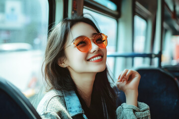 A cheerful Asian woman in sunglasses is smiling happily while sitting by the window on a bus.