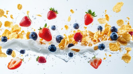 Poster - A vibrant mix of corn flakes, blueberries, and strawberries suspended in a flying splash of milk on a white background