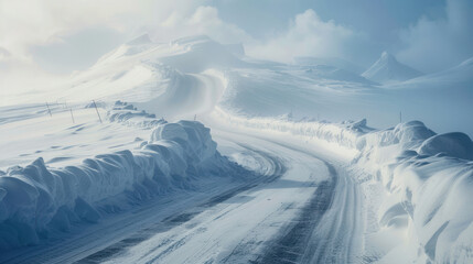 Wall Mural - A winding mountain road covered in thick snow, with snowdrifts piling up on the sides and visibility reduced by a blizzard, challenging drivers in extreme winter conditions