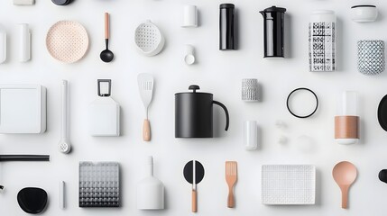 Poster - A meticulously arranged collection of everyday household items captured against a clean white background  The objects are positioned in visually striking geometric patterns