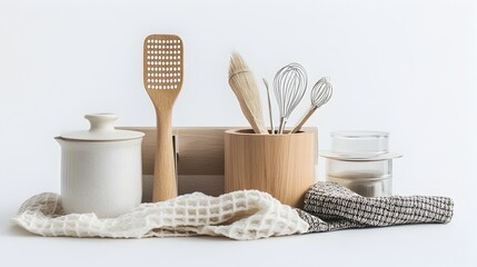 Poster - A minimalist and modern still life photography showcasing a collection of everyday household items against a crisp white background highlighting the visually striking textures materials