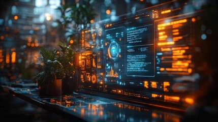Poster - A detailed holographic display presents steps for data analysis, surrounded by plants, highlighting a blend of technology and nature in a contemporary setting.