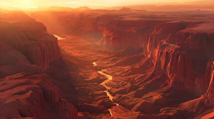 Wall Mural - A wide-angle shot of a Martian canyon at sunset, with the canyon walls glowing in warm light and long shadows stretching across the valley floor