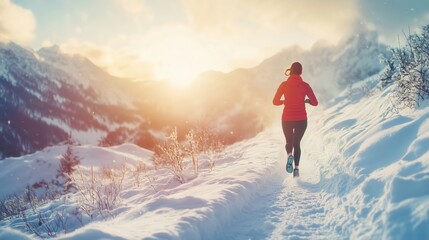 Canvas Print - A runner enjoys a scenic winter trail surrounded by mountains at sunrise