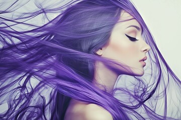 Wall Mural - An isolated pastel blue background with a young woman surrounded by a cloud of purple pink smoke. Abstract fashion concept. Close-up portrait of a top model. Image generated by stock photography.