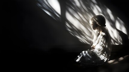 Poster - Conceptual image of a doll in a darkened room with dramatic light streaming through and casting intricate elongated shadows across the surface creating a surreal moody and imaginative atmosphere