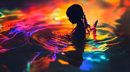 Poster - A captivating conceptual image of a doll melting into a pool of vibrant liquid light with abstract shapes forming and flowing in an ethereal otherworldly display of color light and transformation
