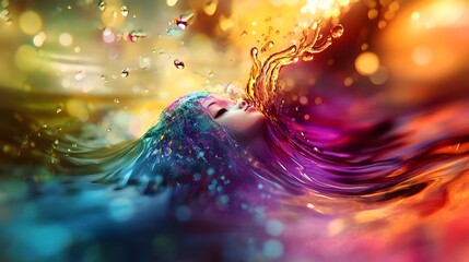 Poster - A conceptual image depicting a doll dissolving into a pool of vibrant liquid light with abstract shapes and forms emerging from the ethereal energy and fluid transformation