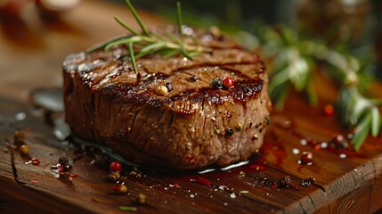 A beautifully cooked steak garnished with herbs and spices on a wooden cutting board.