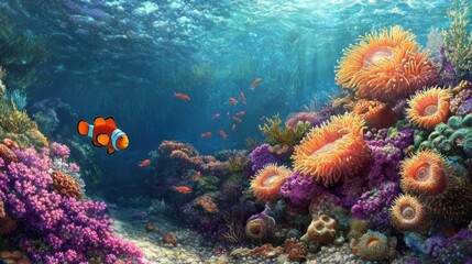 Poster - Vibrant Underwater Reef Scene with Clownfish and Anemone