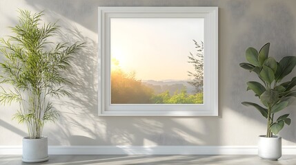 Fototapete - Minimal and Peaceful 3D Rendered Mockup Frame in Farmhouse Style Living Room Interior with Sunlit Window Overlooking Scenic Landscape  Muted Color Tones and Clean Abstract Composition