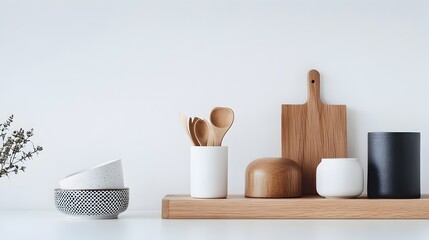 Poster - Curated collection of utilitarian household items arranged in a balanced and harmonious studio composition with crisp shadowless lighting and a clean Scandinavian design aesthetic