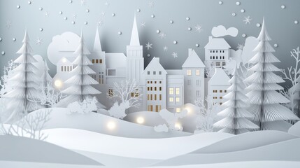 Paper art illustration of a serene winter village with snow-covered houses, pine trees, and falling snowflakes. The festive scene evokes a cozy holiday Christmas atmosphere