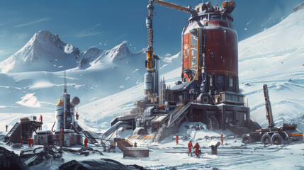 Wall Mural - A scientific outpost on Mars' polar ice caps, with researchers drilling into the ice, surrounded by high-tech equipment and the stark Martian environment