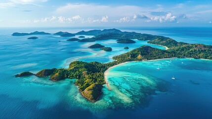 Wall Mural - A stunning aerial view of a tropical archipelago with numerous small islands surrounded by crystal-clear turquoise waters.