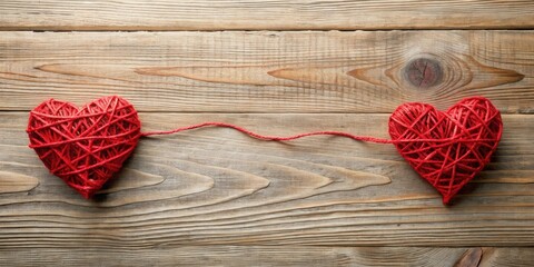 Two red hearts connected by complex string on wooden background for love concept