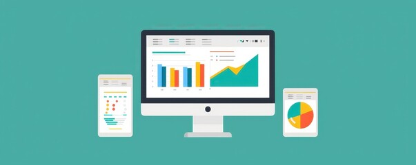 Poster - Digital analytics dashboard display on a computer and mobile devices showing various charts and graphs for data analysis.