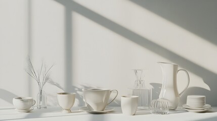 Poster - Elegantly Arranged Collection of Commonplace Household Objects Placed on a Pristine White Surface Showcasing a Minimalist and Captivating Composition with Muted Color Tones Gentle Shadows