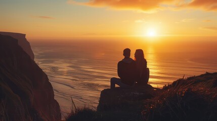 Wall Mural - A couple sharing a romantic moment as they watch the sunset from a seaside cliff, copy space.