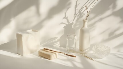 Poster - Elegantly Displayed Everyday Household Items in Captivating Minimalist Composition with Vivid Colors Gentle Shadows and Reflections for a Classic Timeless Feel