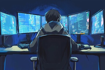 Poster - an alleged hacker fronting his computer while committing a cybercrime
