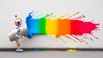 Poster - A robot is spraying paint on a wall, creating a colorful rainbow. The robot is holding a paint can in its hand, and the paint is splashing out of the can, creating a vibrant and lively scene