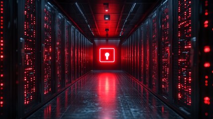Poster - A holographic firewall symbol shines brightly, securing data while illuminating a pathway through rows of servers in a dark environment.