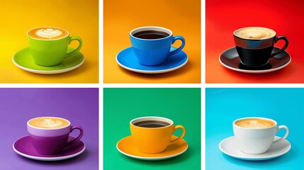 Poster - A colorful array of coffee cups on a table. The cups are of different colors and sizes, and they are arranged in a row. Concept of variety and diversity, as well as a casual and relaxed atmosphere