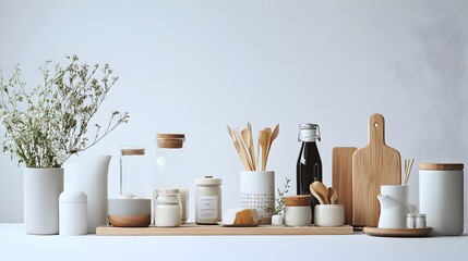 Poster - Meticulously curated set of household utilitarian essentials arranged in a balanced harmonious composition against a pristine white background with soft