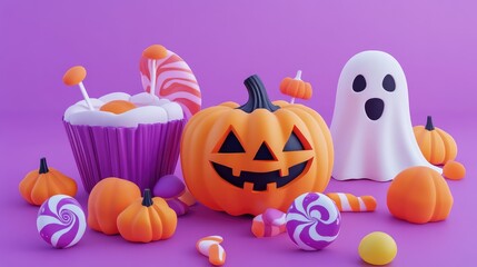 Poster - 3D cartoon Halloween candies and costumes, set against a simple, clean background with a consistent, abstract color scheme.