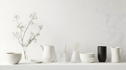 Poster - Minimal and understated arrangement of ordinary household items displayed on a clean white background with soft natural lighting subtle textures and a modern minimalist aesthetic