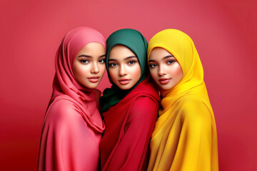 Joyful young Muslim women radiating positivity in vibrant hijabs