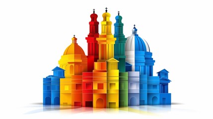 Poster - A colorful cityscape with many buildings, including a cathedral. The buildings are in different colors, and the city appears to be a vibrant and lively place