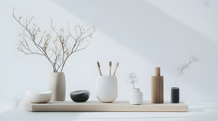 Poster - Minimalist and modern arrangement of a collection of everyday household items and objects against a clean bright white background with high key lighting and a contemporary simplistic style