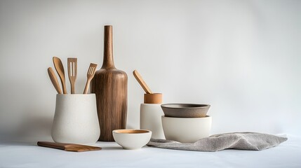 Poster - Minimalist and visually striking still life arrangement of everyday household items against a crisp white background showcasing the elegant textures materials