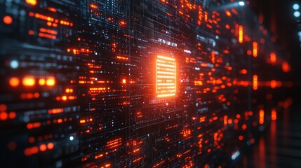 Poster - A holographic firewall symbol stands prominently while protecting crucial data within a dynamic array of illuminated digital circuits.