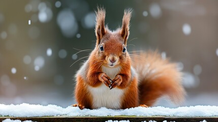 A squirrel is sitting on a snowy surface, looking at the camera. The image has a calm and peaceful mood, as the squirrel appears to be enjoying the winter weather