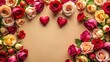 © Collection - A top view of vibrant rose buds and affectionate emblems on a beige background for Valentine's Day