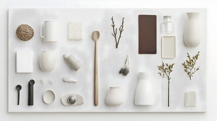 Poster - Neatly Arranged Array of Everyday Items on Crisp White Background Contemporary Minimalist Aesthetic with Muted Tones Clean and Elegant Composition
